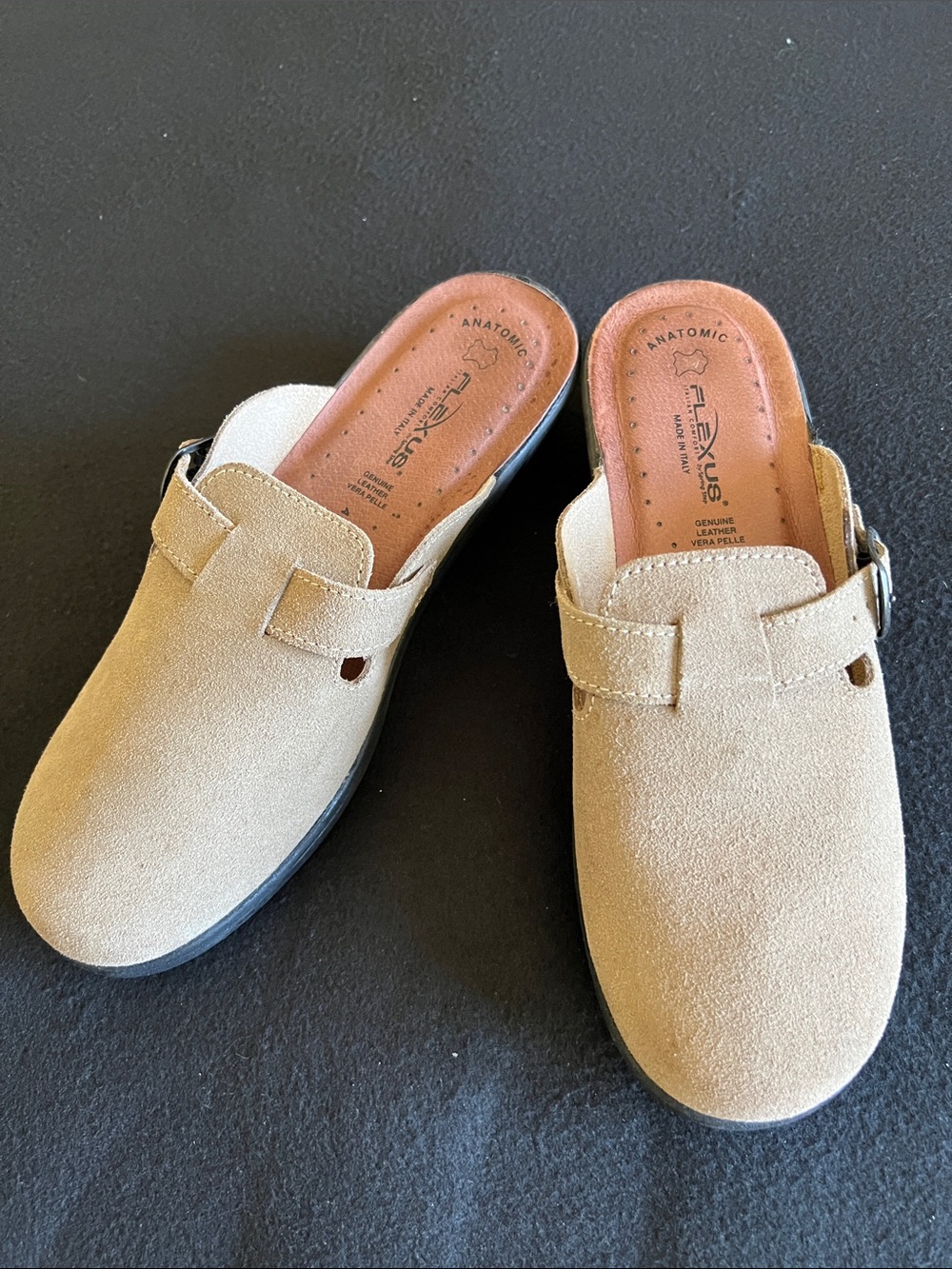 Italian Suede Buckle Slide Clogs in Light Beige
